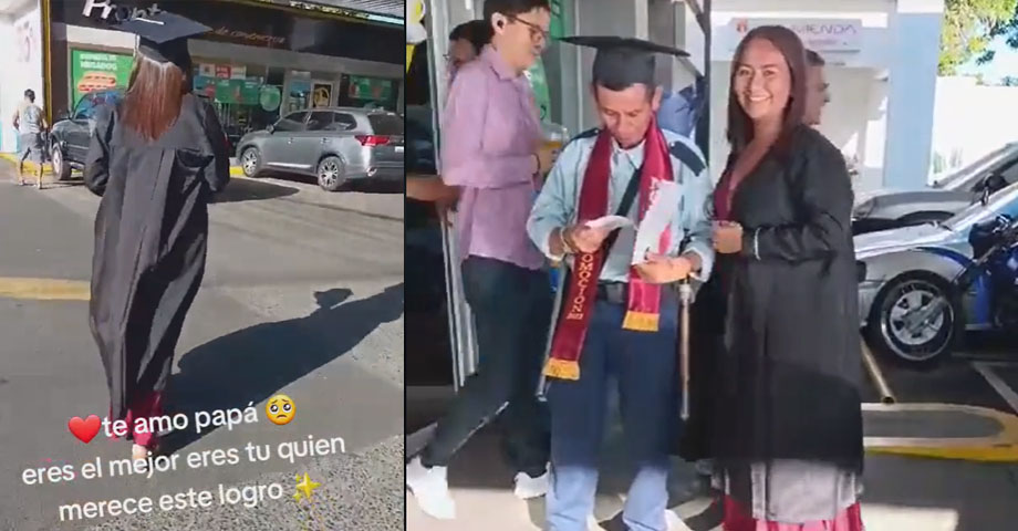 Tras graduarse, joven agradece el esfuerzo de su padre y le entrega Diploma en su lugar de trabajo