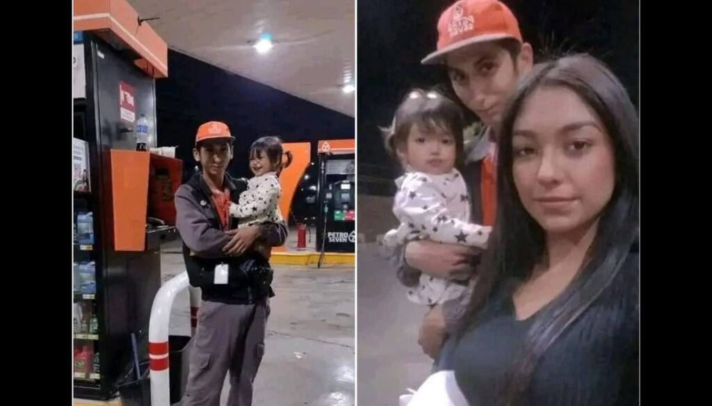 Esposa e hija acompañan a empleado de gasolinera que le tocó trabajar durante la noche de fin de año