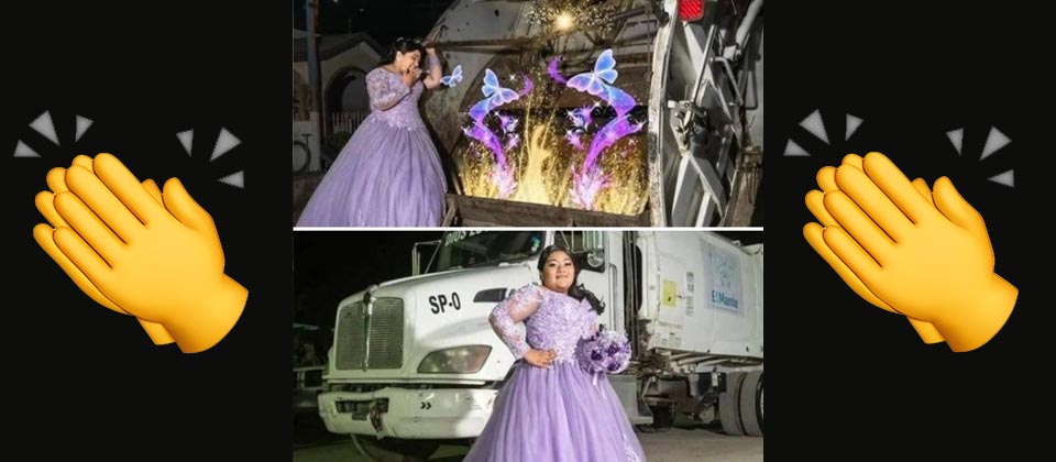 Quinceañera posa junto al camión de basura que trabajaba su padre para sacarla adelante