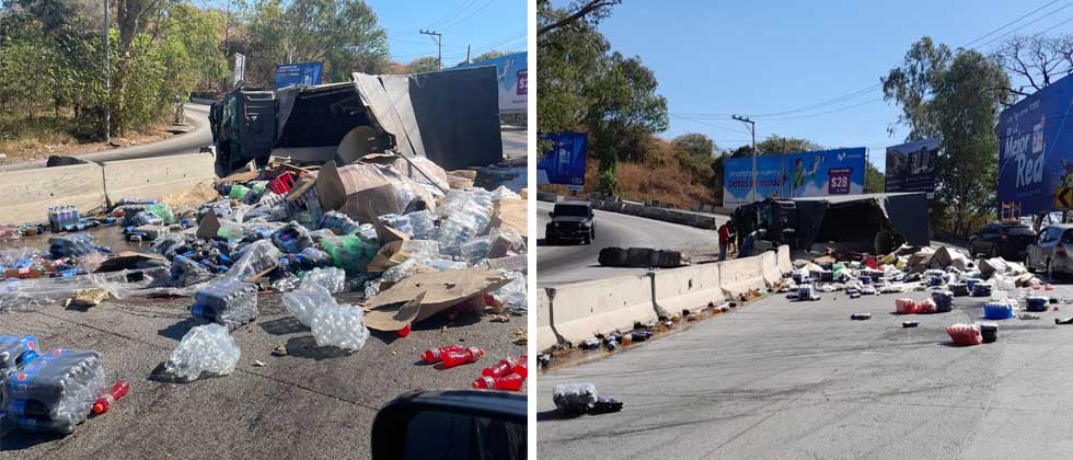 Camión repartidor de bebidas vuelca en famosa curva de La Libertad