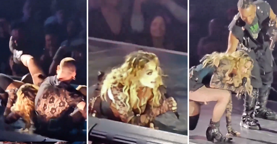 Madonna sufre caída en concierto por culpa de un bailarín, así fue su reacción