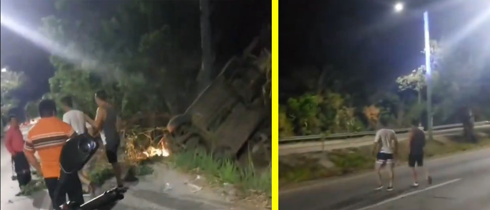Jóvenes “bolos” abandonan el carro donde se conducían luego de volcar
