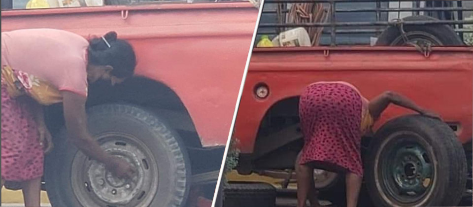 Viralizan a mujer cambiando la llanta de un vehículo