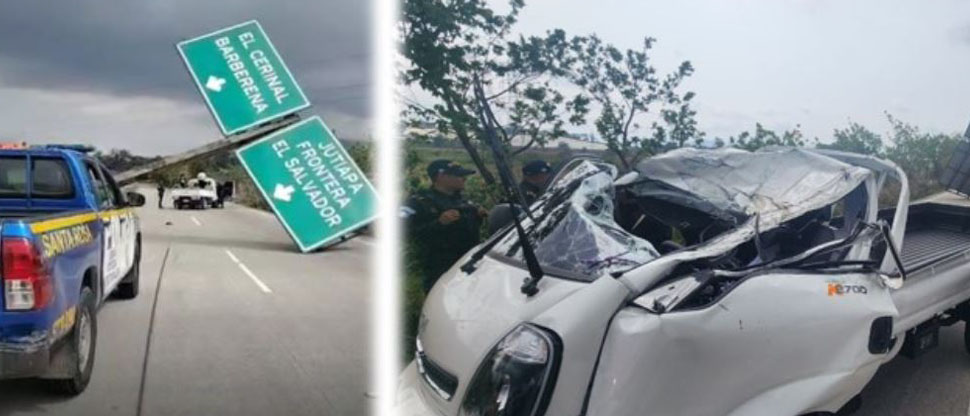 Dos personas lesionadas tras caerle rótulo de señalización en carretera a El Salvador en Guatemala