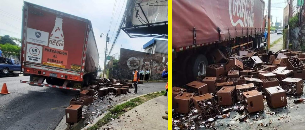 Rastra que transportaba cervezas se accidenta en Soyapango derramando su valiosa carga