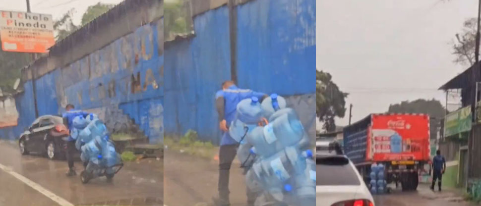 Salvadoreños denuncian empresa de agua por obligar a trabajadores a andar bajo la lluvia repartiendo el producto
