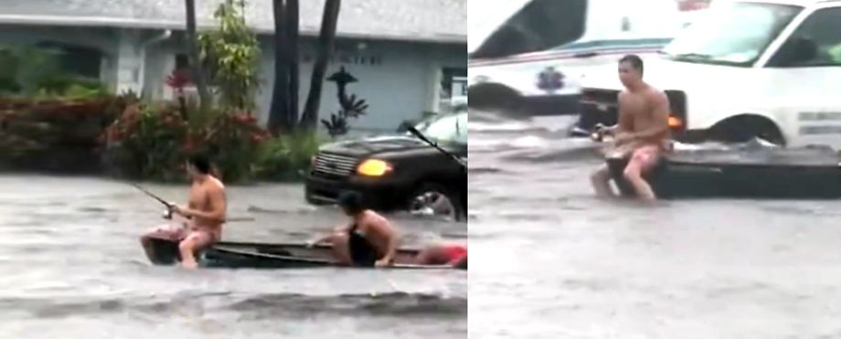 Residentes de Florida salen a pescar en canoas ante severas inundaciones