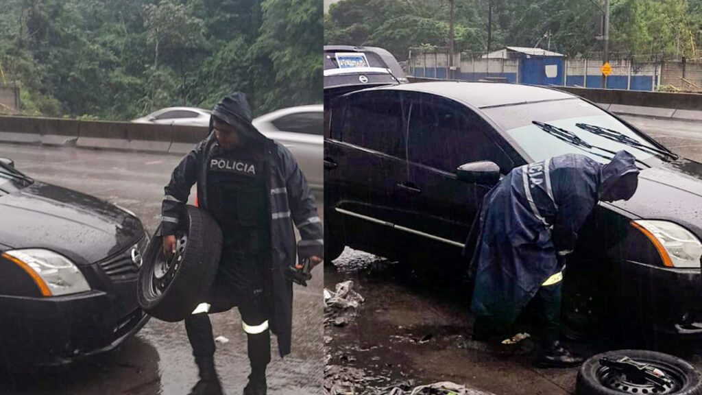 Policía auxilia bajo la lluvia a conductor de vehículo con desperfectos mecánicos en Carretera Los Chorros