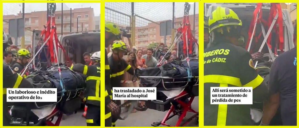 ESPAÑA: Con ayuda de una grúa, bomberos sacan a un hombre de 300 kilos para llevarlo al hospital