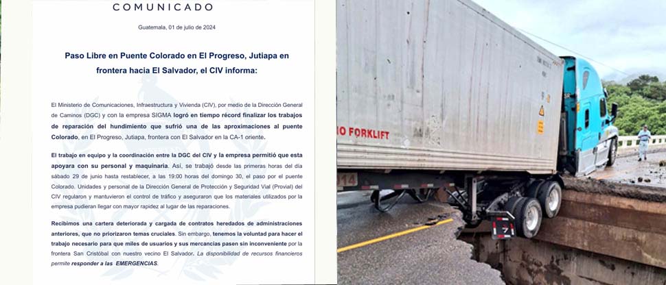 GUATEMALA: Habilitan el paso del puente Colorado tras dañarse por fuerte lluvias