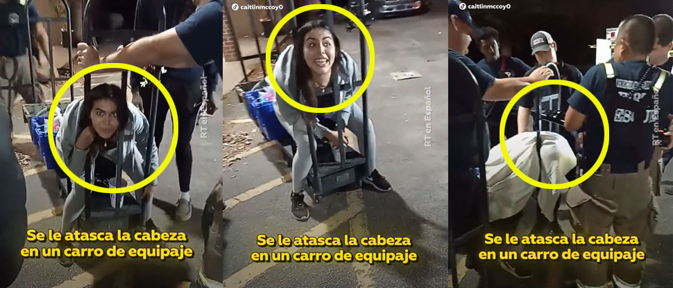 E.E.U.U. Bomberos rescatan a mujer que quedó atorada en un carrito de equipaje