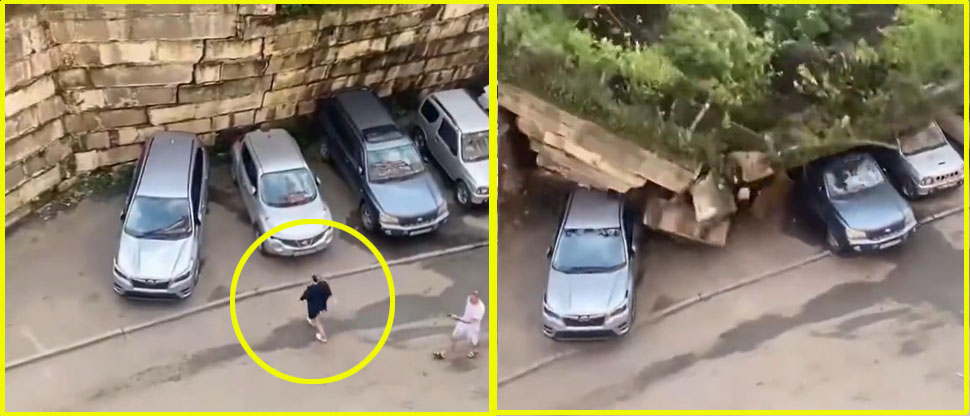 Rusia: Mujer salva su vehículo antes de quedar soterrado tras colapso de un muro