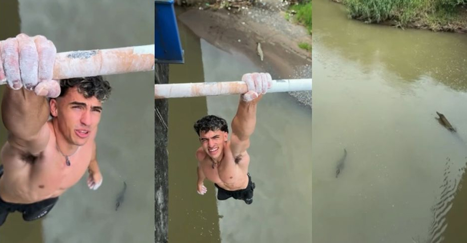 Sujeto intentó hacer dominadas sobre un río repleto de cocodrilos, pero algo salió mal