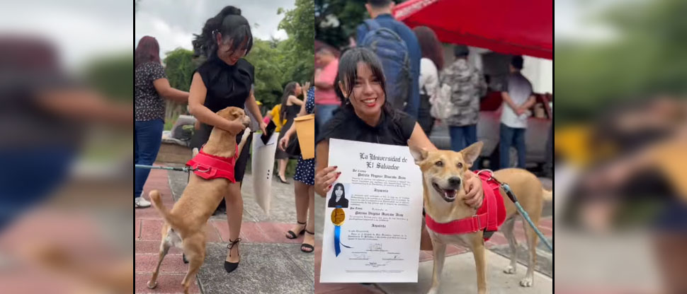 Perrita celebra el triunfo con su dueña tras recibir su título de la UES