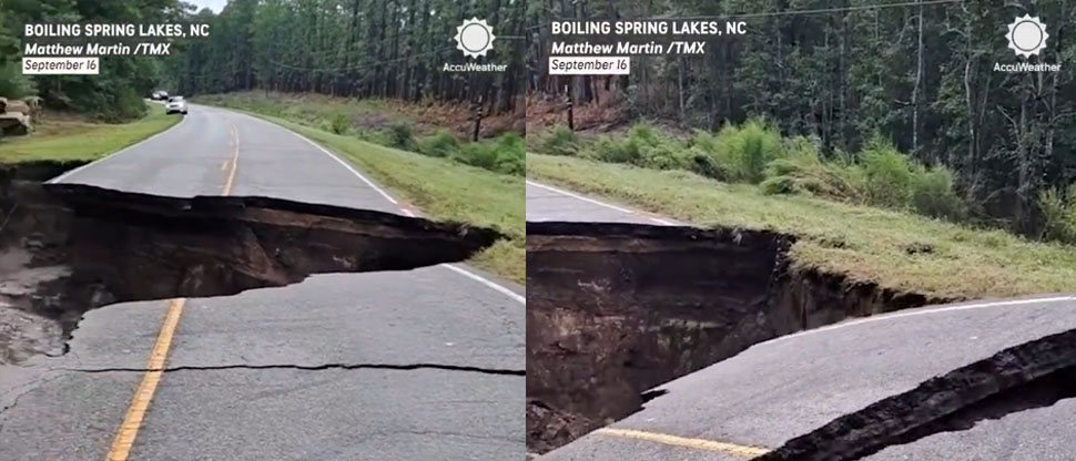 Estados Unidos: momento cuando carretera colapsa tras intensas lluvias en Carolina del Norte