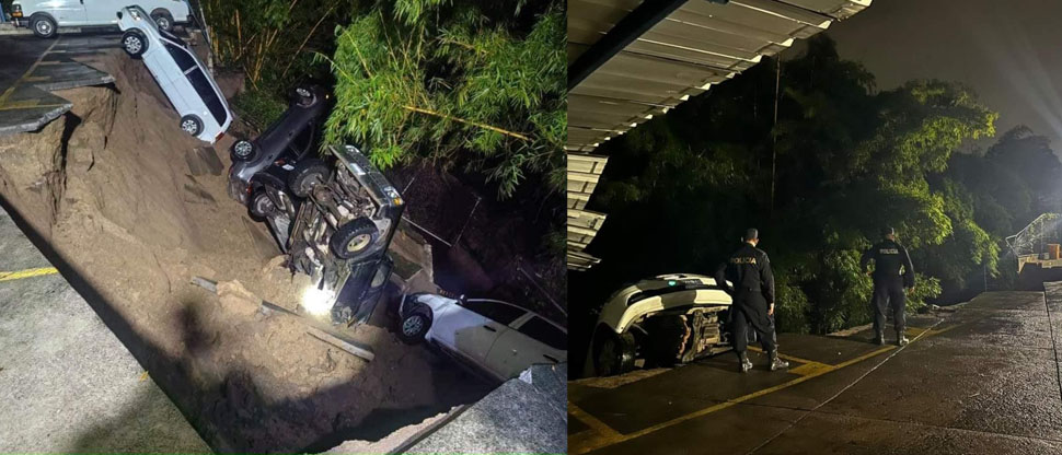 Se los tragó la tierra, varios vehículos caen al vacío tras colapso de muro perimetral