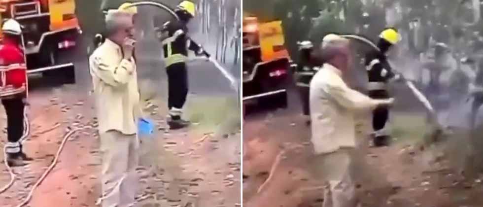 Hombre lanza una colilla encendida mientras bomberos combaten incendio forestal