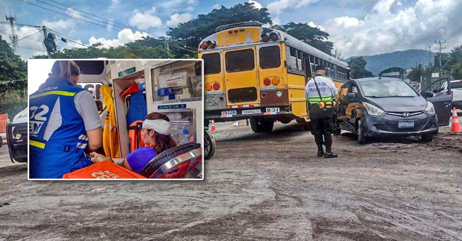 Mujer resulta con lesión en la cabeza tras accidente entre un bus y carro particular