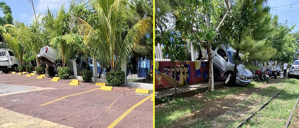 Conductor se lleva tremendo susto al intentar parquearse en el estacionamiento de una iglesia