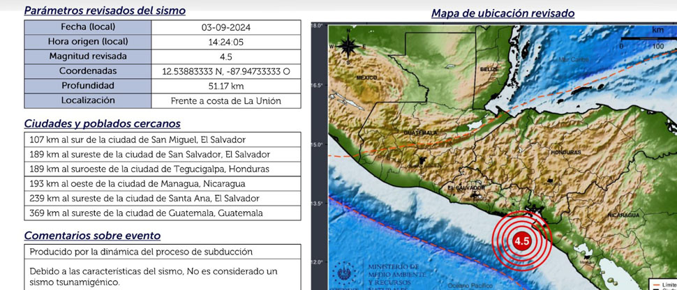 Sismo de 4.3 grados sacude la costa de La Unión