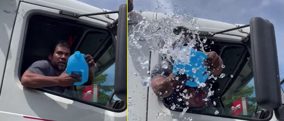 Ayudante de motorista de camión le arroja agua a motociclista alegando que “se le atravesó”