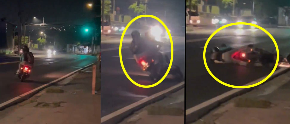 Captan accidente de tres hombres en aparente estado de ebriedad montados en motocicleta