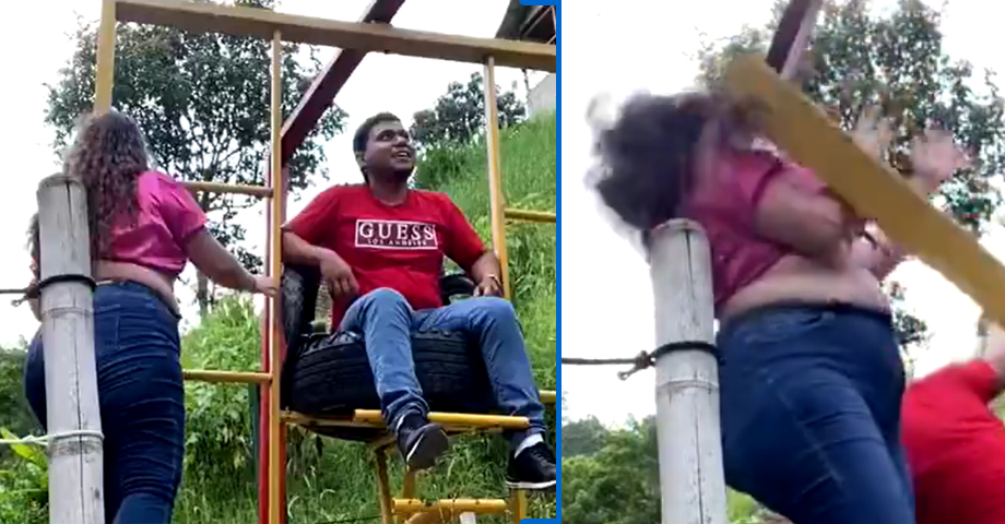 Joven le da tremendo golpazo a su mujer con juego mecánico casero