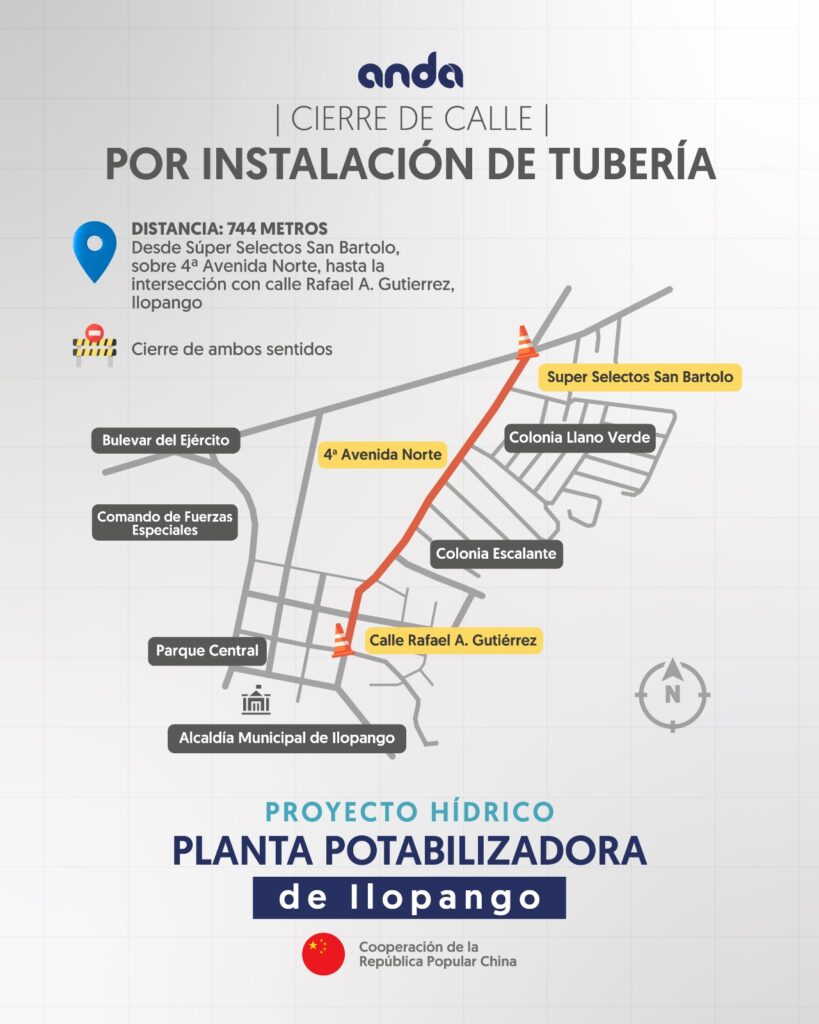ANDA anuncia cierre de calles por instalación de tuberías en Ilopango