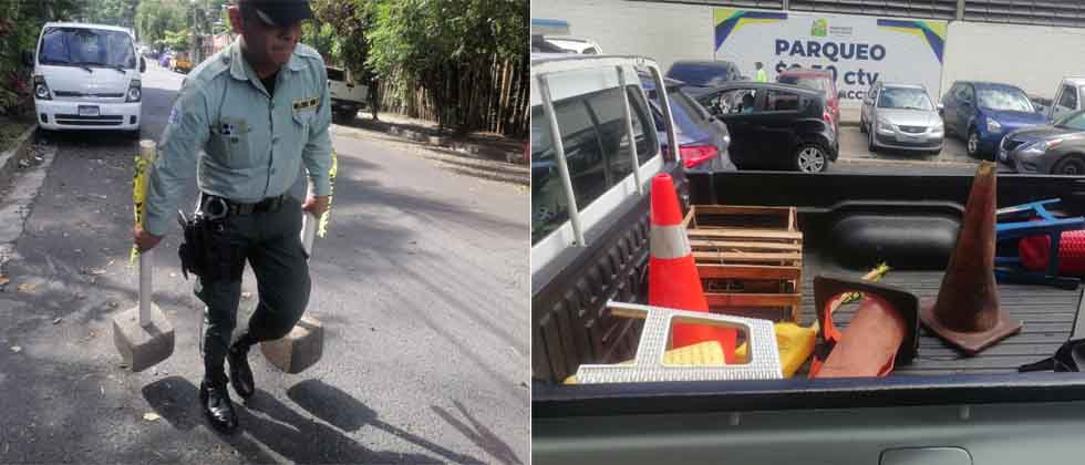 Retiran objetos que se utilizan para reservar parqueos en Santa Tecla