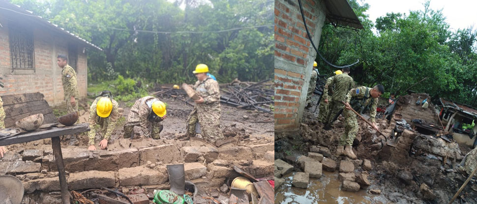Militares realizan trabajos de remoción de escombros de muro de vivienda colapsado por lluvias