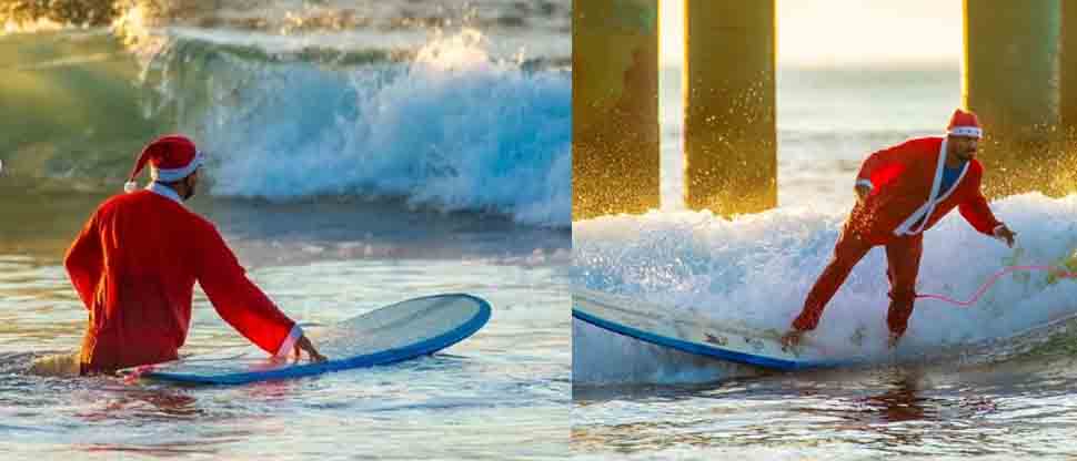 Campeón centroamericano se fue a surfear a la playa de La Libertad con traje de Santa Claus