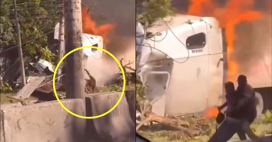 De película: el momento exacto cuando conductor sale de rastra en llamas en la Troncal del Norte