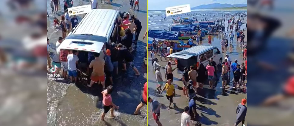 Microbús queda atascado en la arena y casi es arrastrado en playa Las Tunas, La Unión
