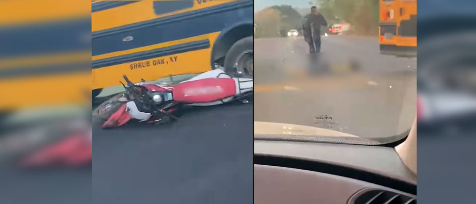 Motociclista queda tendido sobre el pavimento tras chocar contra autobús en Ahuachapán