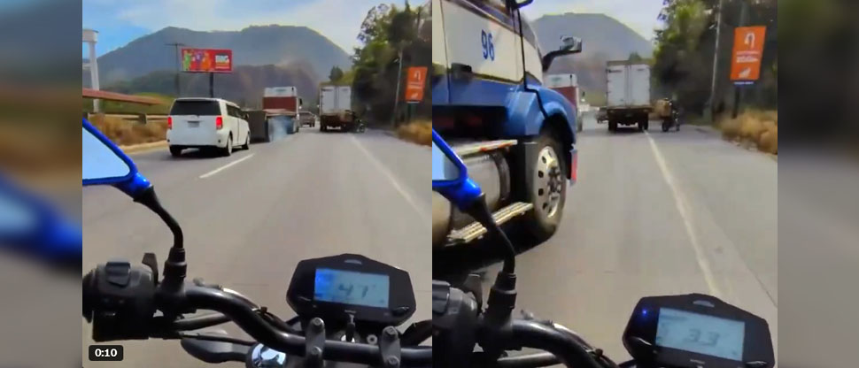 «Por poco y le tocaba»: motociclista graba cuando casi termina debajo de una pipa