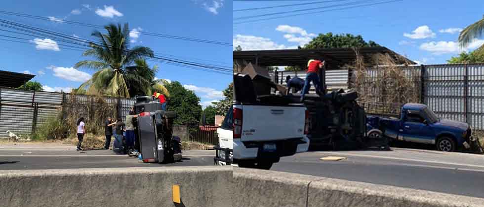 Reportan pick up volcado tras fuerte choque en carretera a San Juan Opico