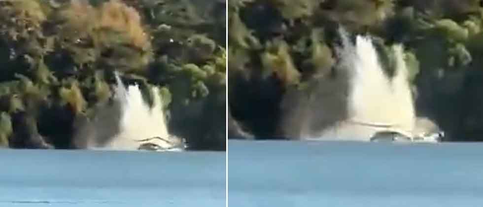 Captan el momento exacto en el que cae helicóptero en la laguna de Chanmico, San Juan Opico