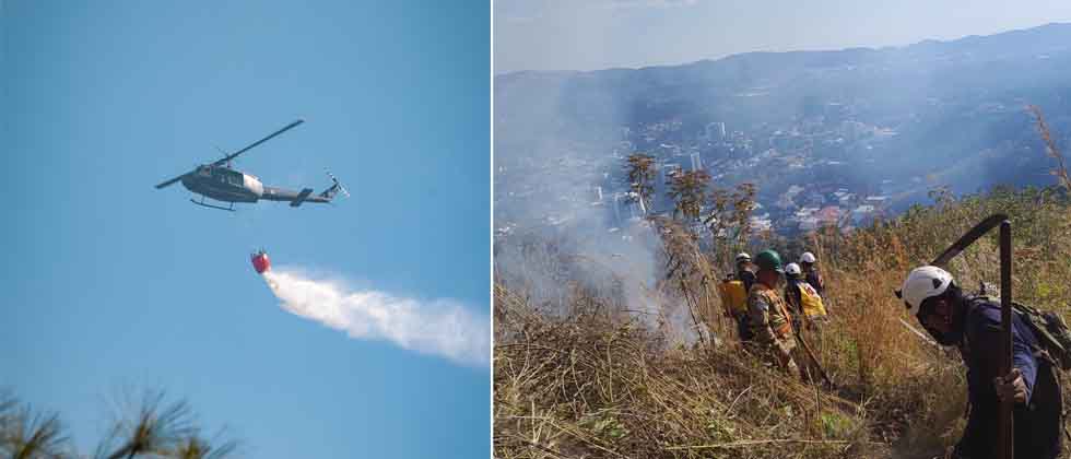 Bomberos trabajan en incendio forestal en las faldas del volcán de San Salvador