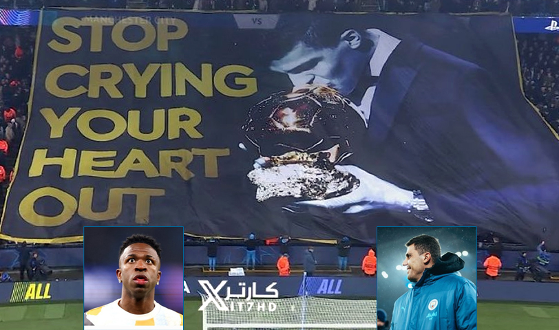 La pancarta con la que aficionados del Manchester City recibieron al Madrid