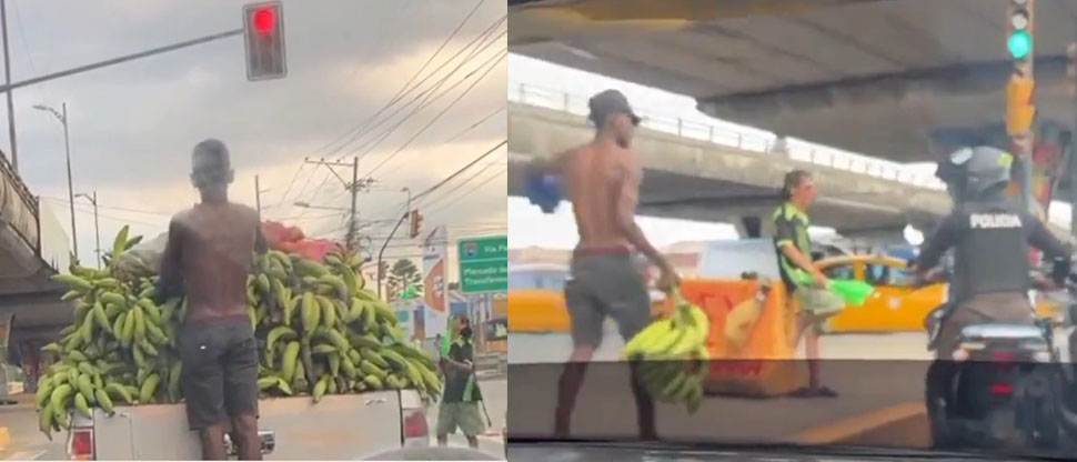 ECUADOR: Sujeto roba plátanos en un semáforo y es sorprendido por policías