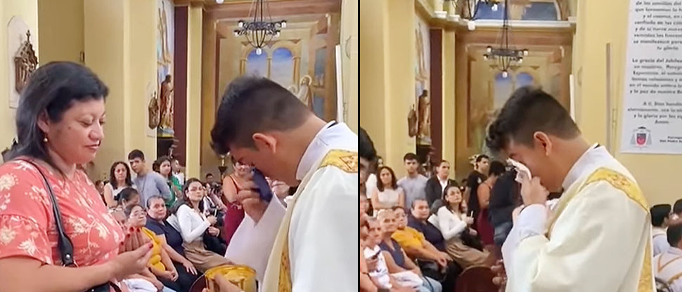 Joven sacerdote se hace viral tras romper en llanto al entregar la Eucaristía