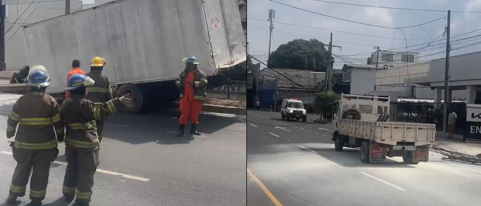 Conductor de camión derriba poste y genera fuerte congestionamiento en San Salvador