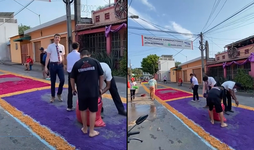 Misioneros de la iglesia mormona participan en la elaboración de una alfombra