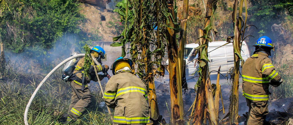 Bomberos sofocan incendio en predio con acumulación de maleza seca en Cuscatancingo