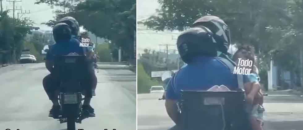 Motociclista arriesga la vida de un menor al llevarlo sin casco protector