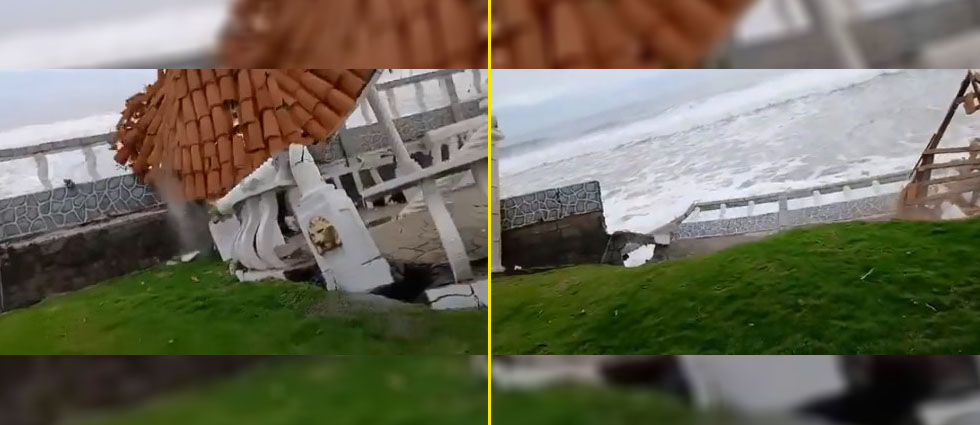 Captan momento cuando se derrumba parte de un rancho de playa en La Zunganera