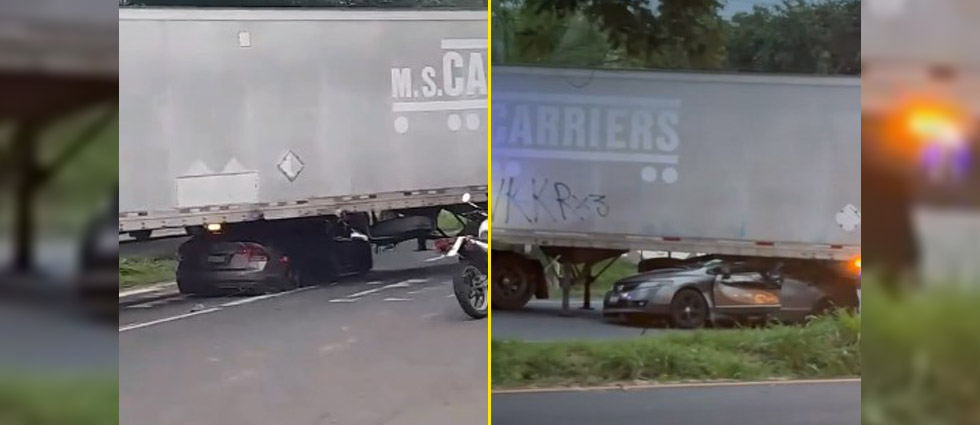 ¡Sedán queda bajo un tráiler sobre la carretera Panamericana!