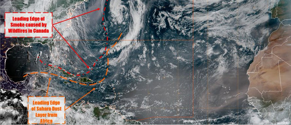 Humo de incendios en Canadá y Polvos del Sahara que se aproximan a la región están a punto de mezclarse