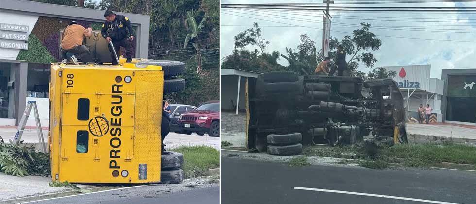 Camión blindado vuelca en Merliot