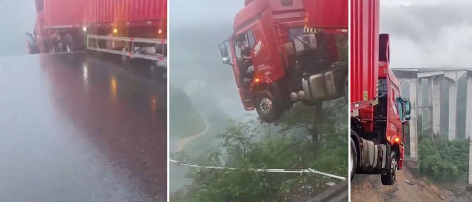 China: Camión queda colgado sobre el abismo tras el derrumbe de un puente